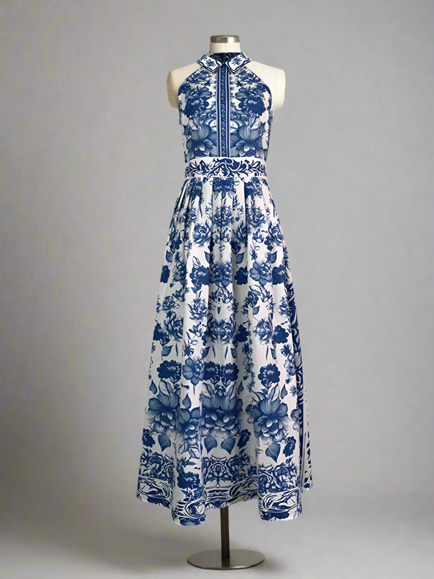 Blue Print Lapel Neck Sleeveless Floral Maxi Dress