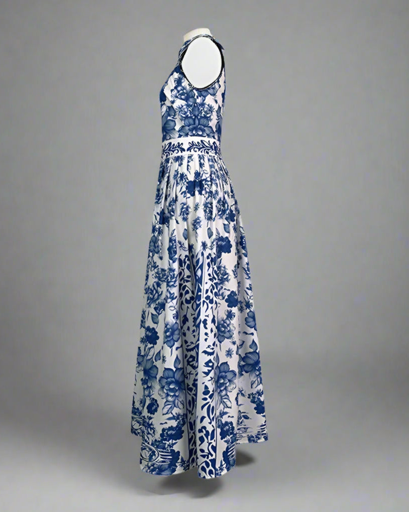 Blue Print Lapel Neck Sleeveless Floral Maxi Dress