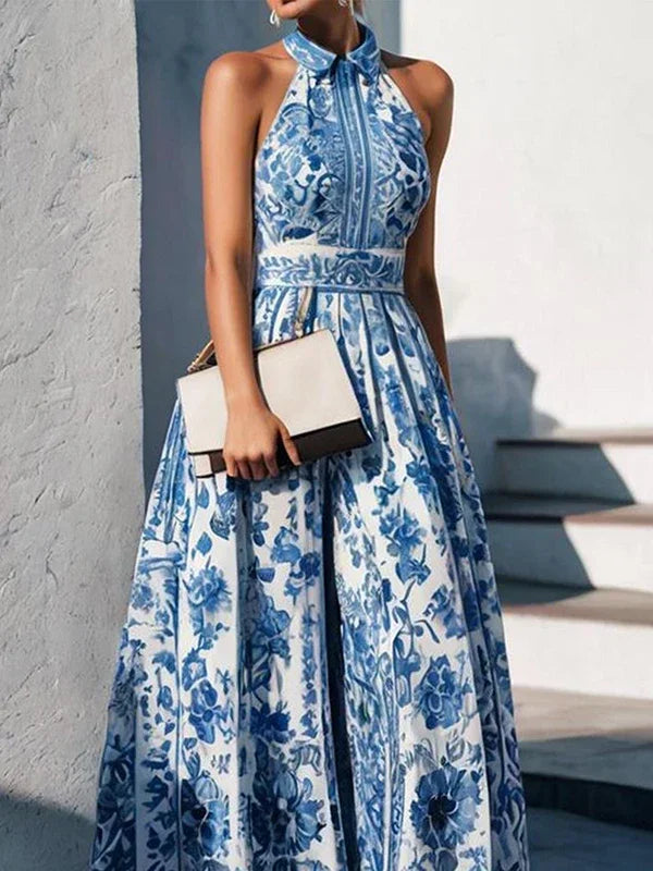 Blue Print Lapel Neck Sleeveless Floral Maxi Dress