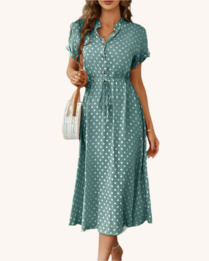 Polka Dot Print Button-Up Midi Shirt Dress