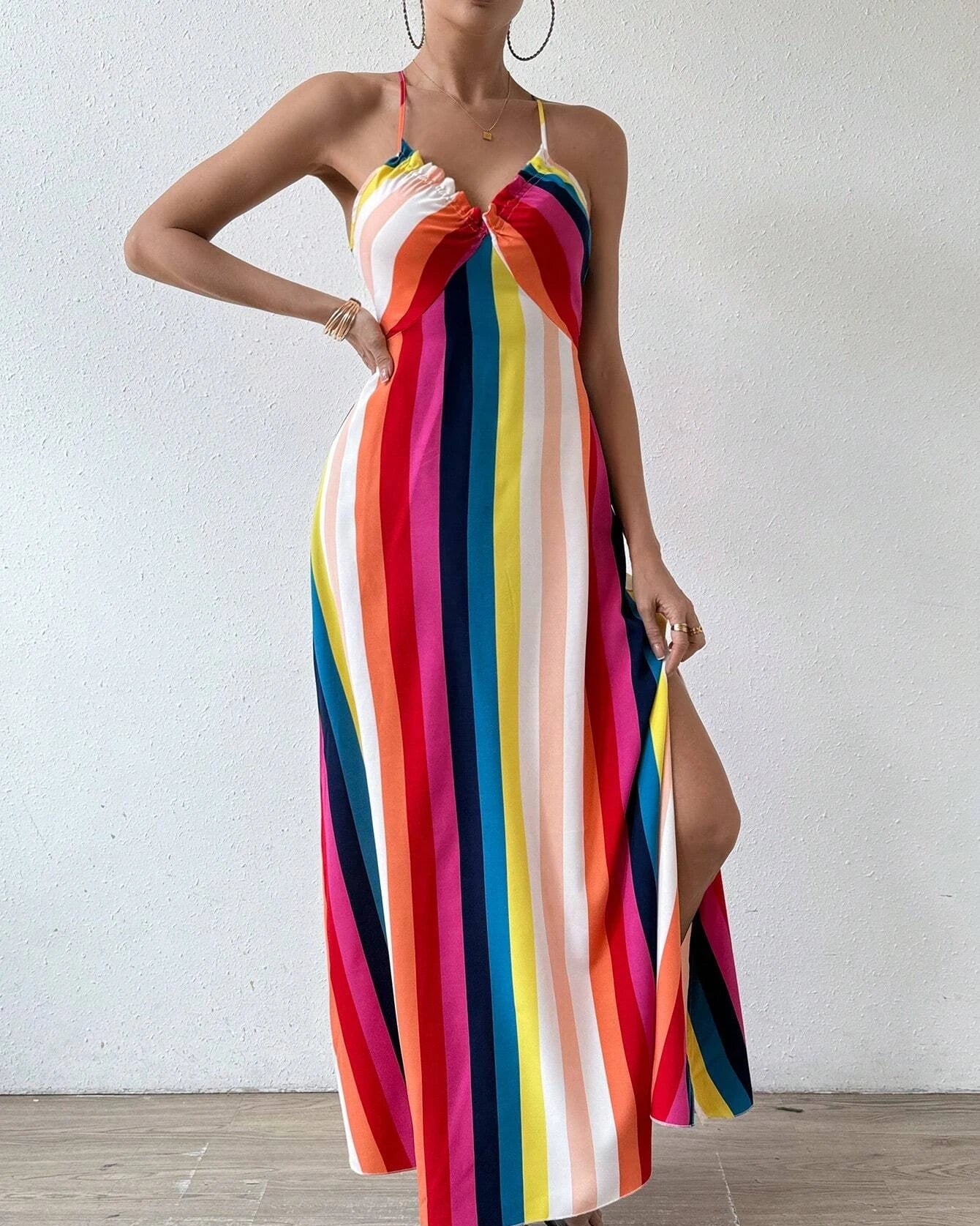 Women's Summer Ethnic Pattern Backless Split Thigh Dress