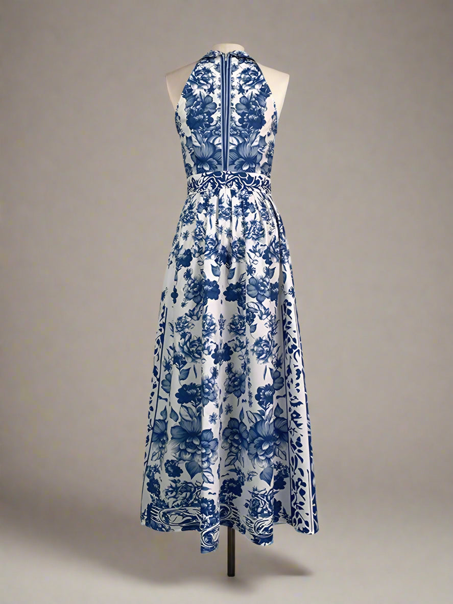 Blue floral dress on a light gray background