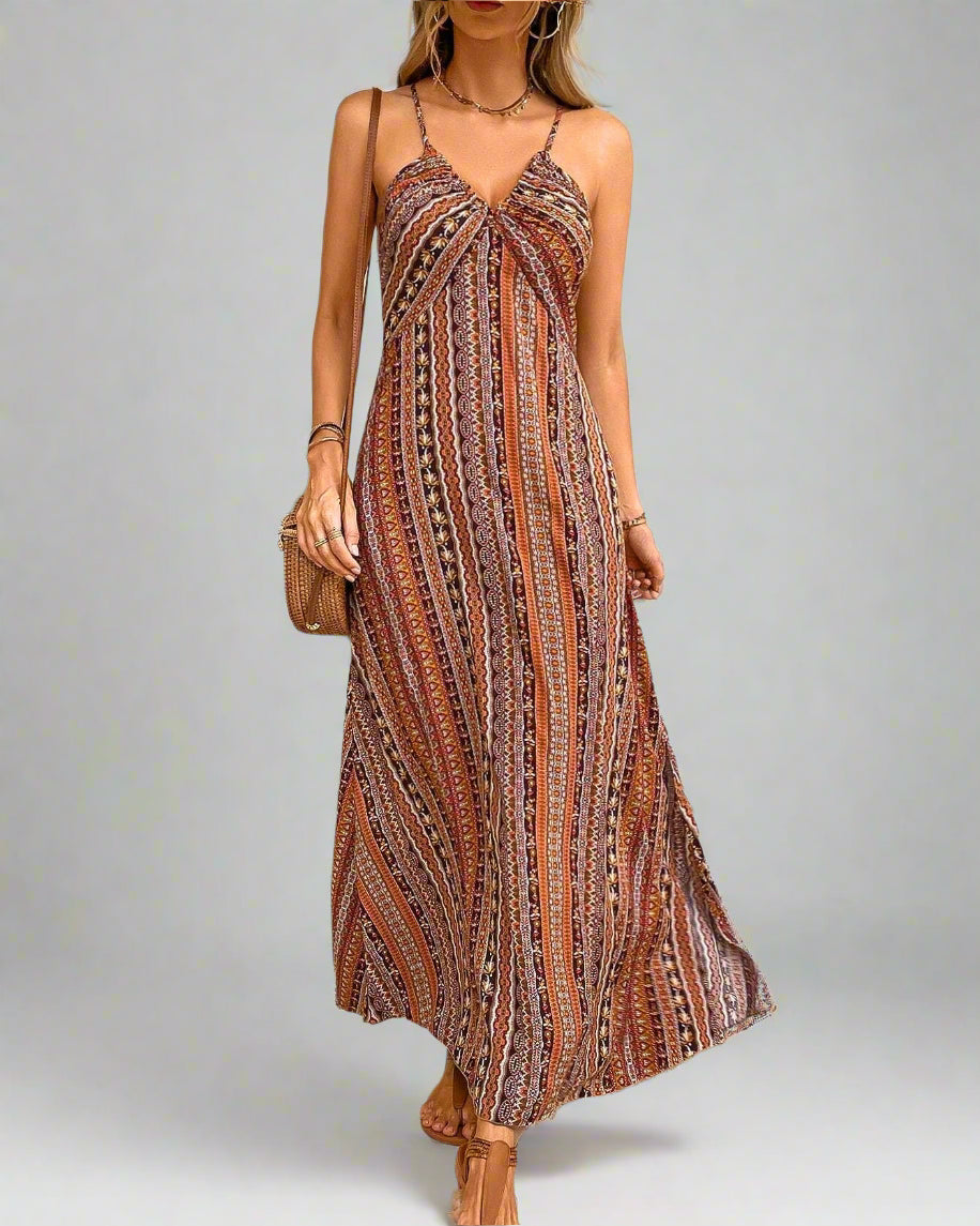 Women's Summer Ethnic Pattern Backless Split Thigh Dress