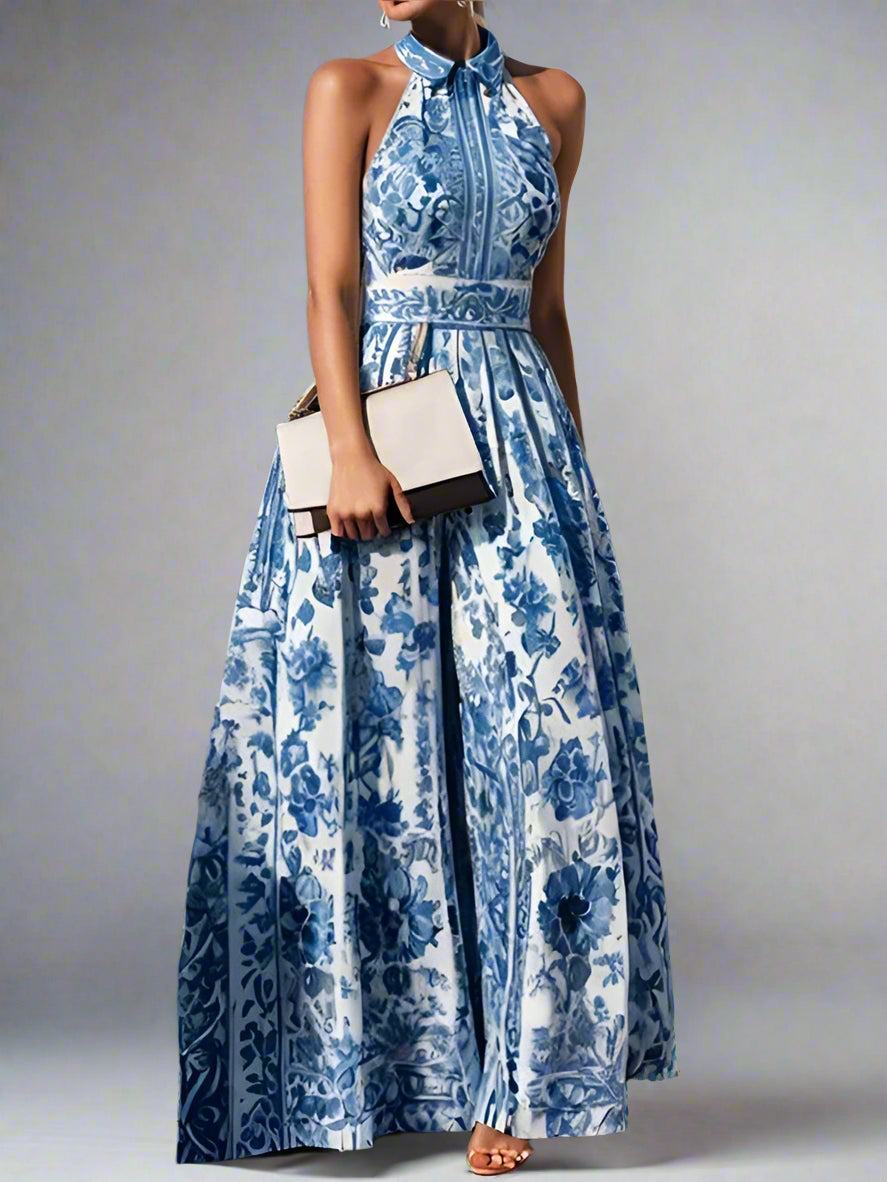 Woman wearing a blue floral dress holding a clutch against a white wall.