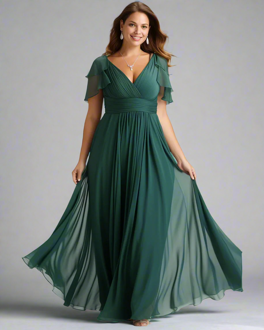 Woman wearing a green evening gown on a white background