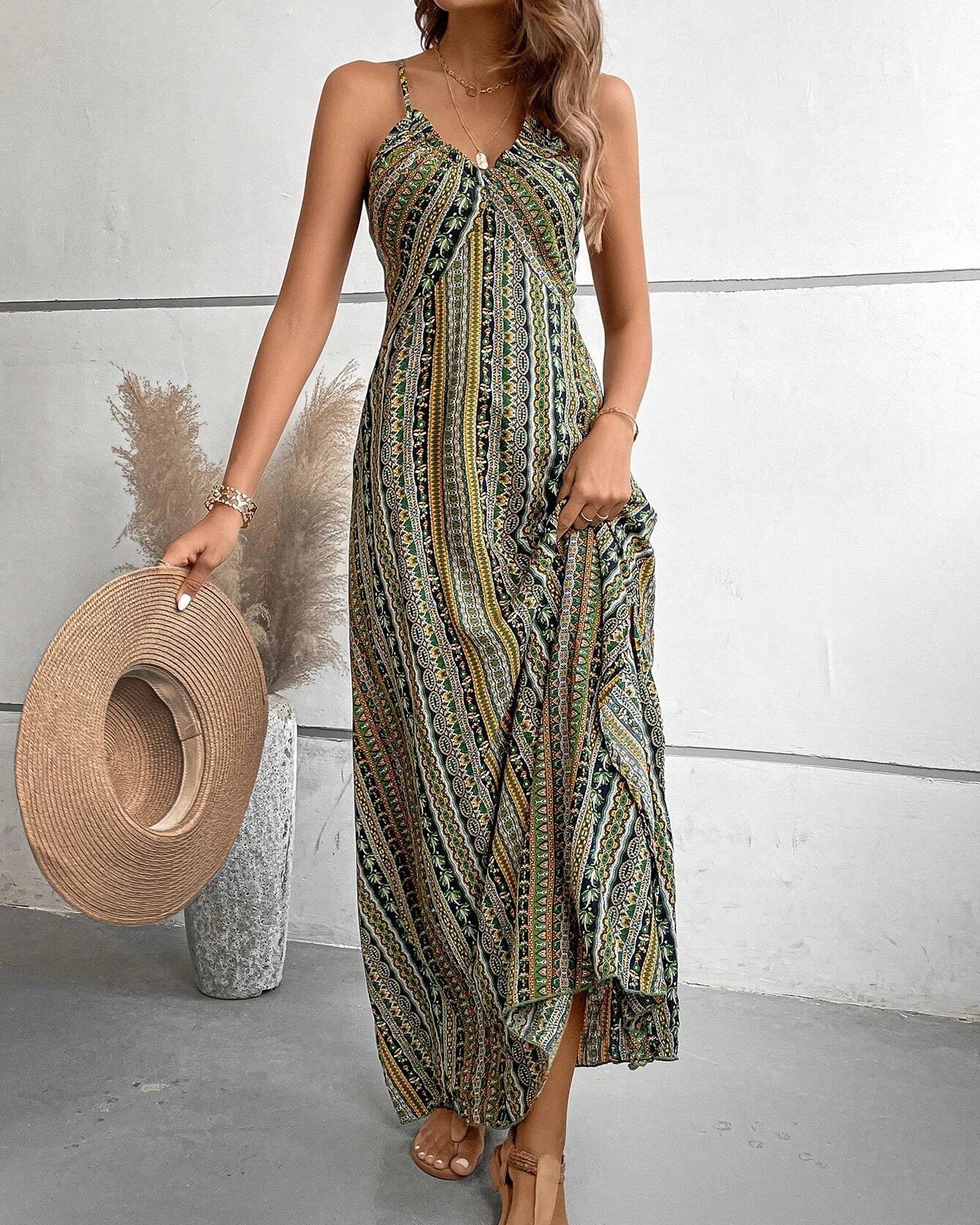 Women's Summer Ethnic Pattern Backless Split Thigh Dress