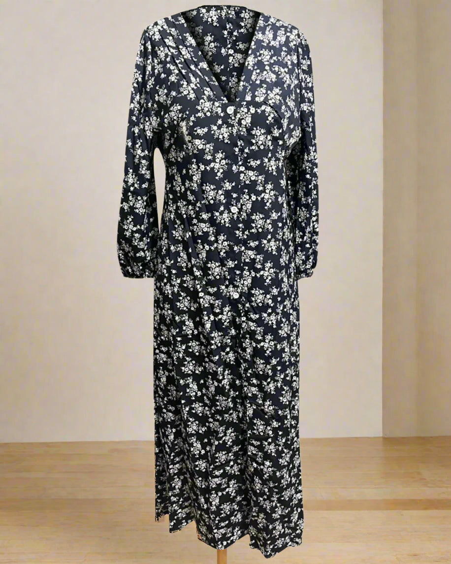 Floral dress with black and white pattern on a white background