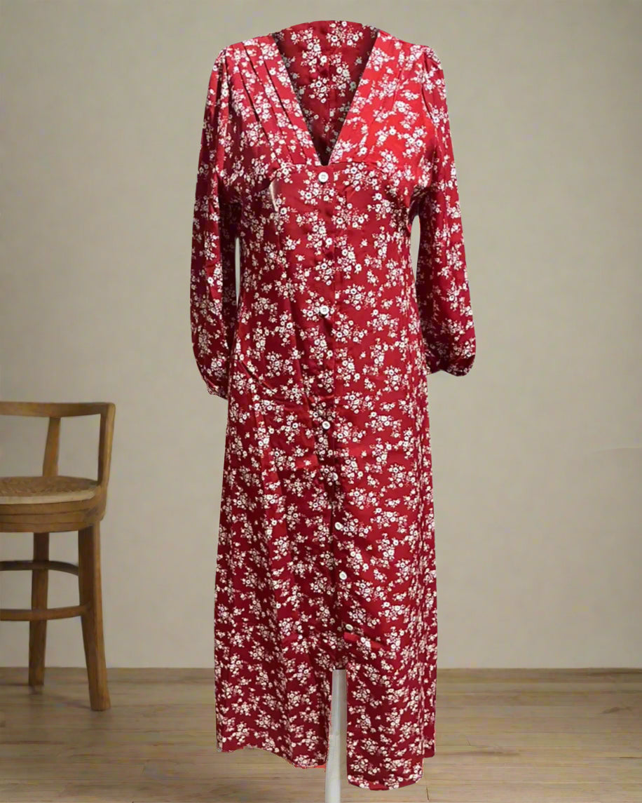 Red floral dress on a white background