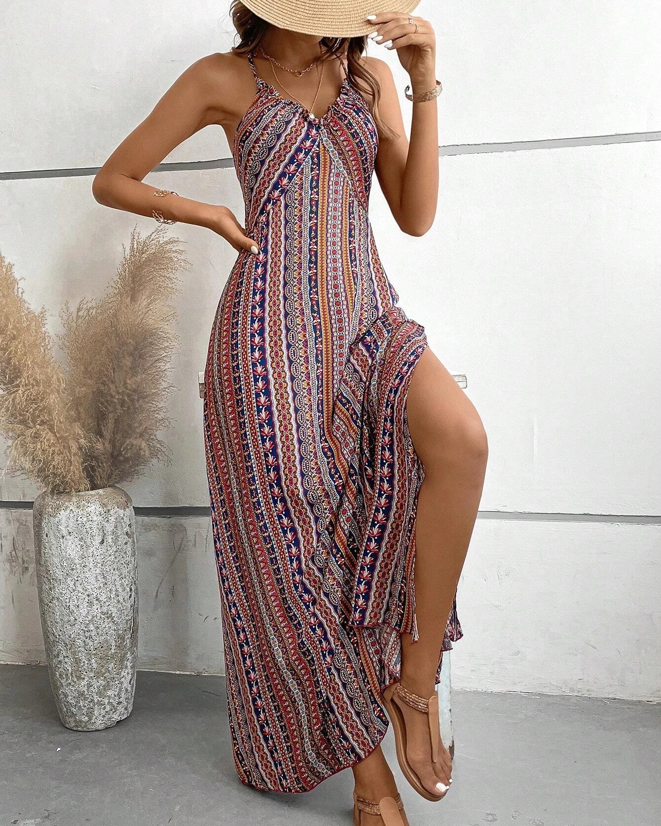 Women's Summer Ethnic Pattern Backless Split Thigh Dress