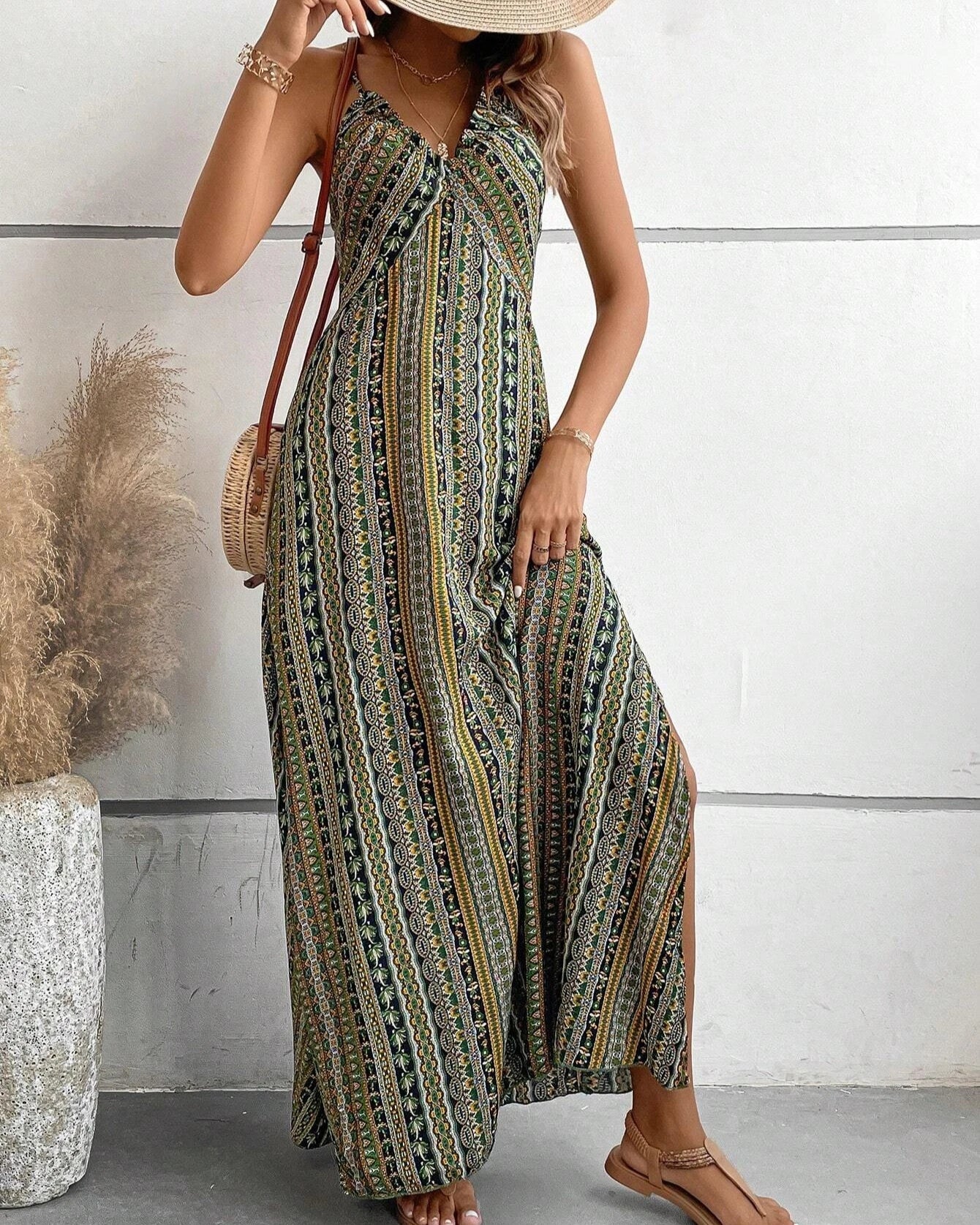 Women's Summer Ethnic Pattern Backless Split Thigh Dress