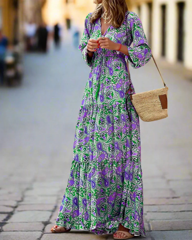 Bohemian V-Neck, Long Sleeve, High Waist Dress