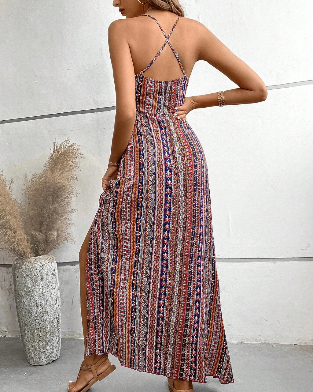 Women's Summer Ethnic Pattern Backless Split Thigh Dress