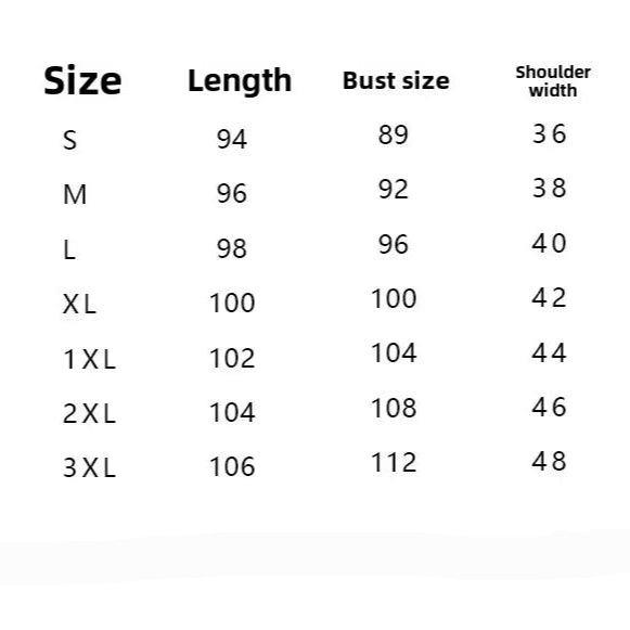 Size chart for clothing with measurements in centimeters